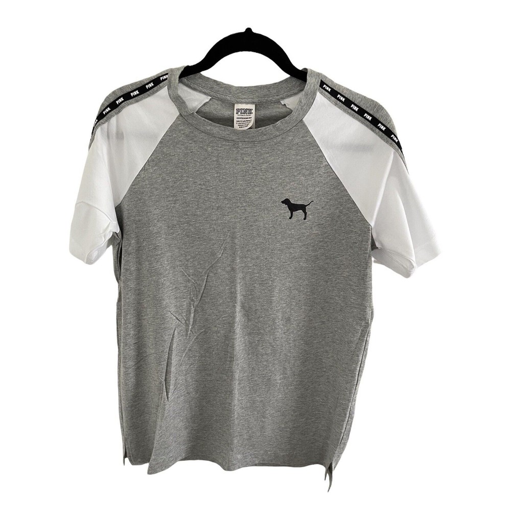 Victoria's Secret Pink Campus Short Sleeve Tee Shirt Gray White XS NWT